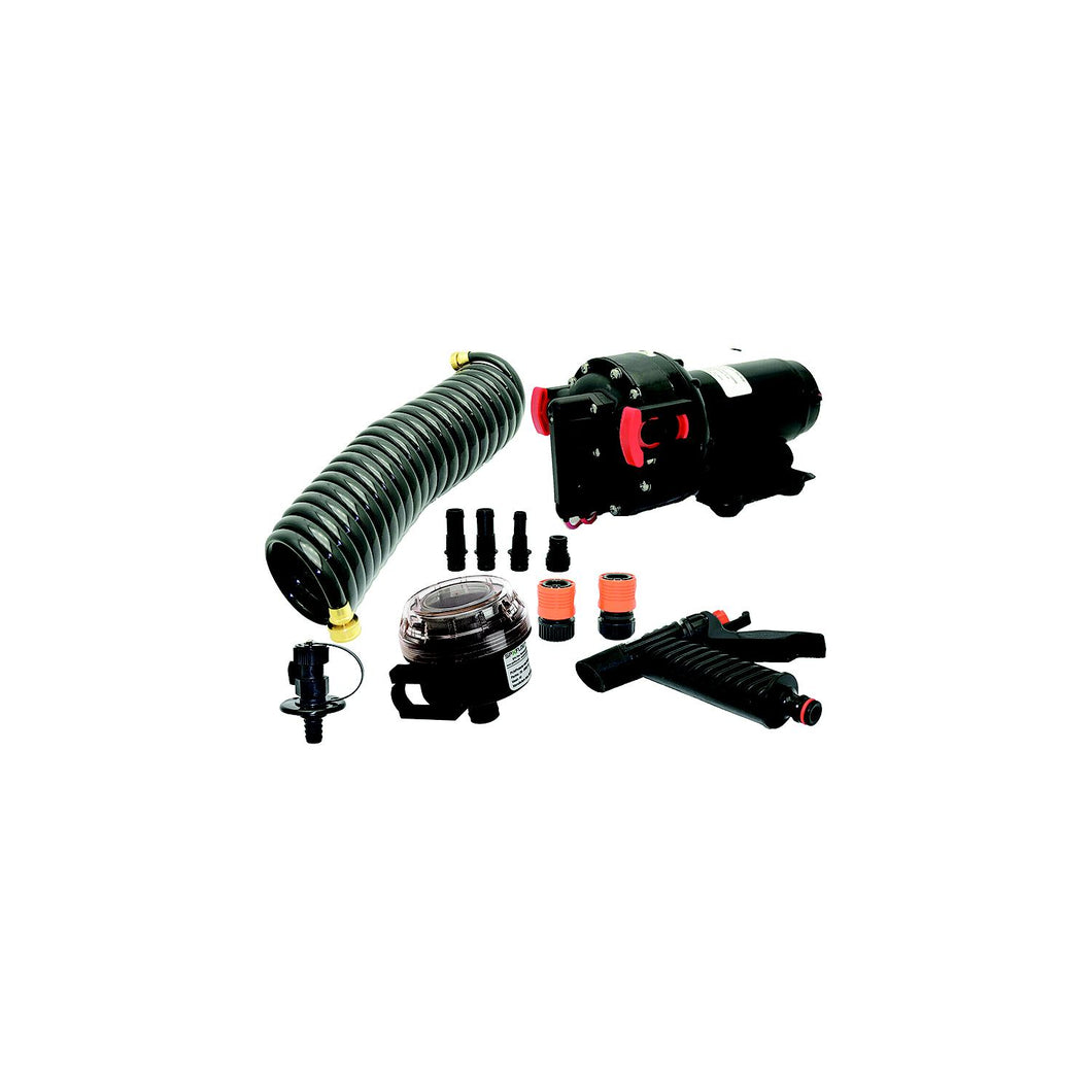 Johnson Pump 64534 Aqua Jet Wash Down Pump Kit 5.2 GPM 12V (Includes Pump, Filter, Hose, Spray Pistol, Bulkhead Fitting, Hose Connectors and Panel Switch) -Modern Boat Sales & Service