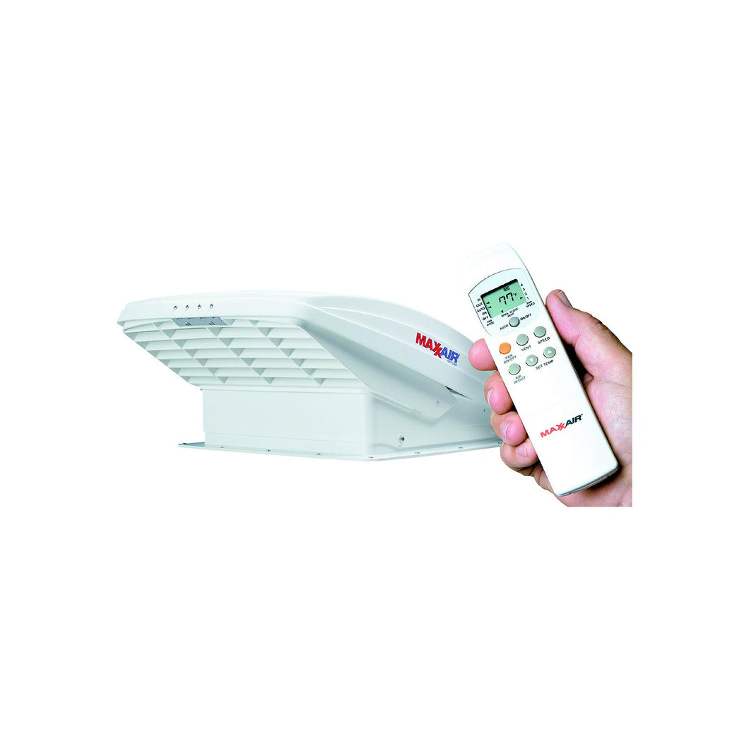 MaxxFan Deluxe 0007000K White RV 10-Speed Fan w/Electric Opening, Remote Control & Rain Shield -Modern Boat Sales & Service