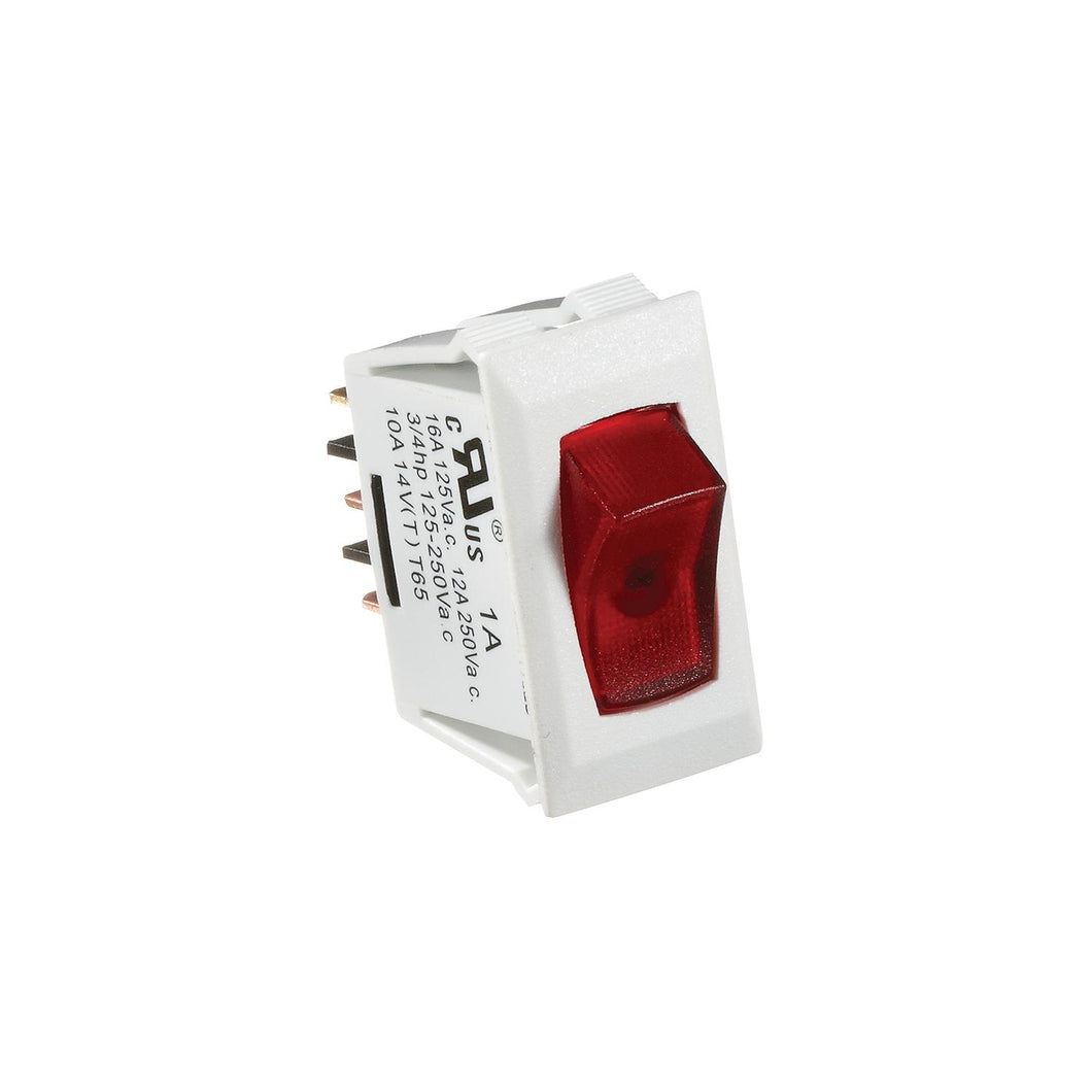 White w/Red Rocker Switch, 10A, Illuminated On/Off - SPST - Cut-Out .550