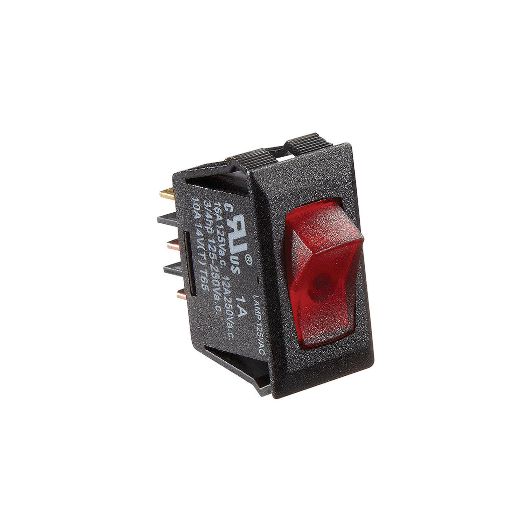 Black w/Red Rocker Switch, 125 VAC, Illuminated On/Off - SPST - Cut-Out .550