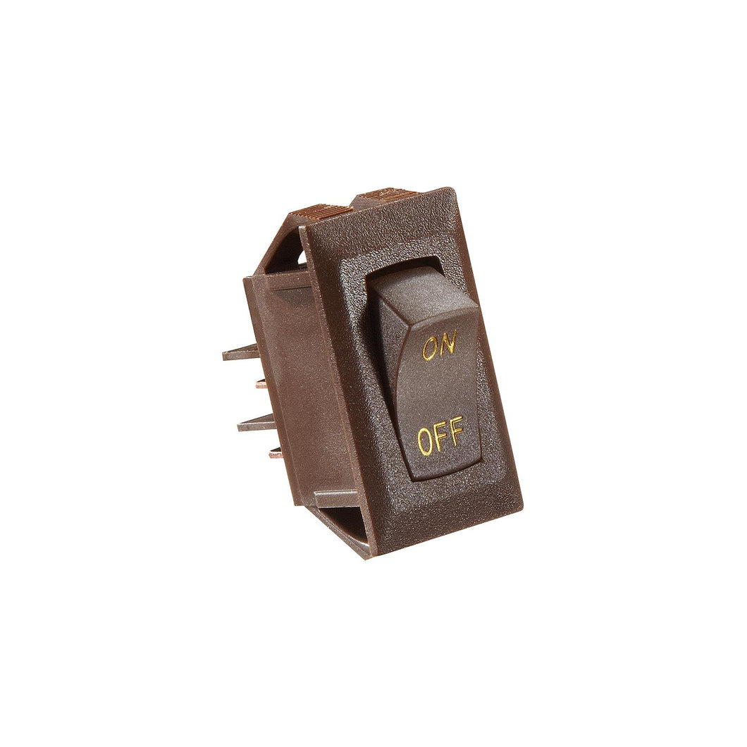 Brown Rocker Switch w/Gold text, 10 A, On/Off - SPST - Cut-Out .550