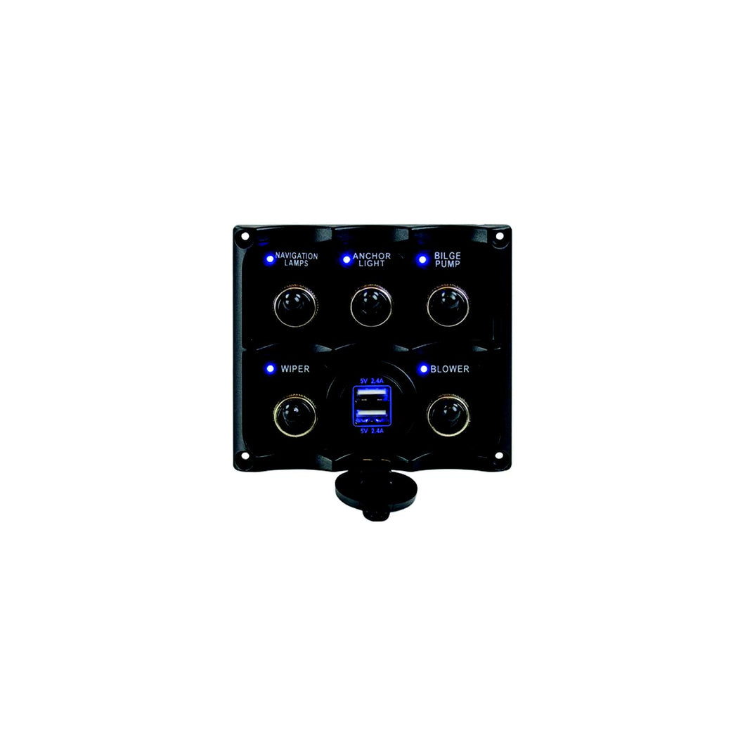 Seadog 424617-1 Water Resistant Toggle Switch Panel w/5 Switches & USB Power Stocket -Modern Boat Sales & Service