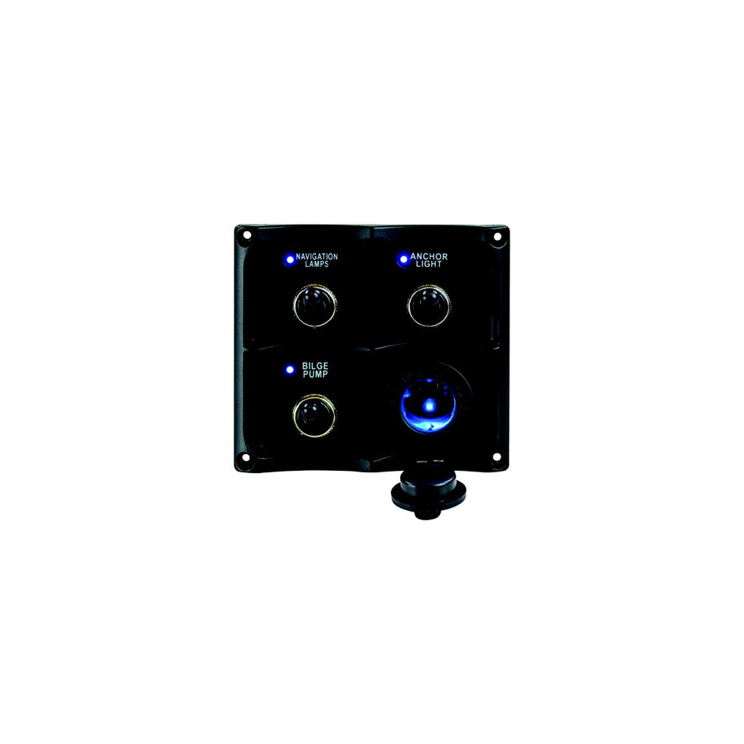 Seadog 424623-1 Water Resistant Toggle Switch Panel w/3 Switches & Power Stocket -Modern Boat Sales & Service