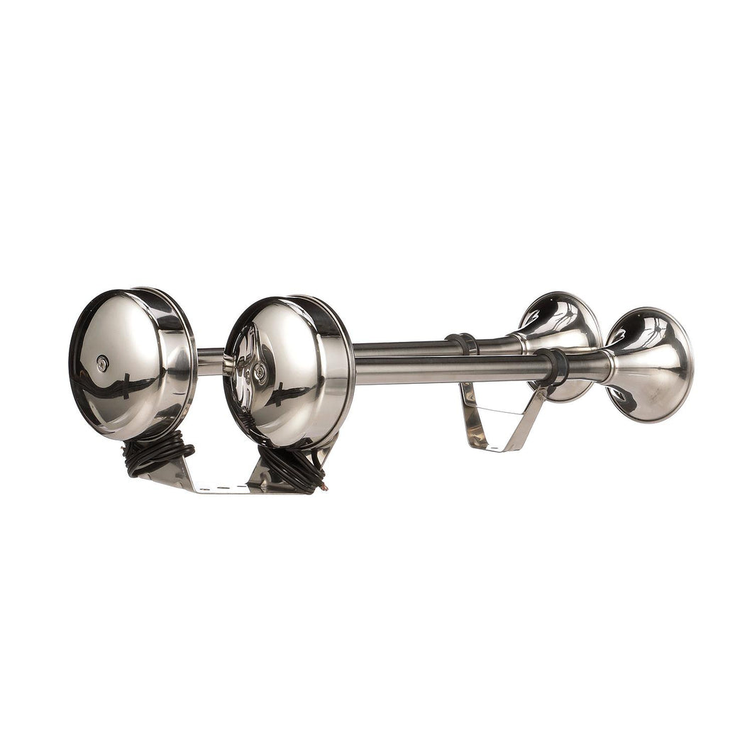 Seachoice 14561 Stainless Steel Dual Trumpet Horn, Vibration-Free Mounting Pad, 20-3/4 in. Long, 12V -Modern Boat Sales & Service