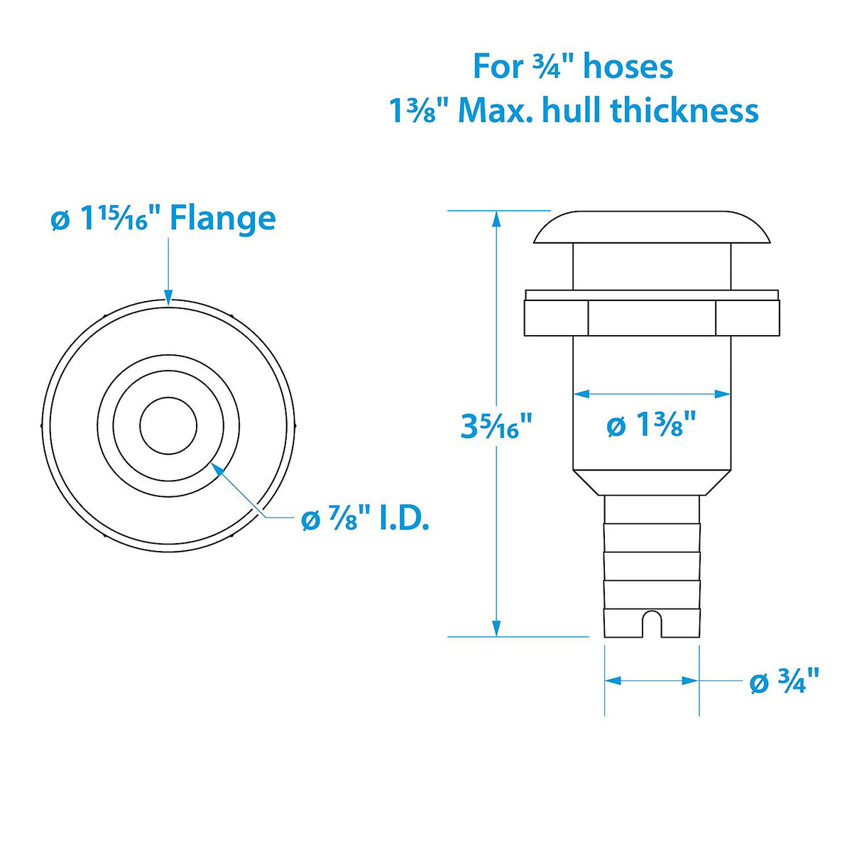 Seachoice Covered Thru-Hull Fitting w/ Stainless-Steel Flange, Fits 3/4 In. ID Hose -Modern Boat Sales & Service