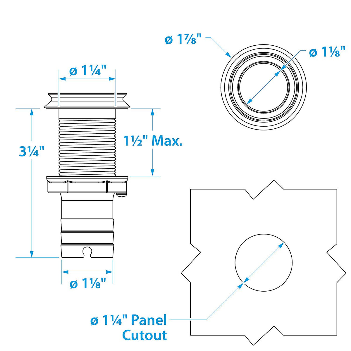 Seachoice Mega-Flow Dripless Thru Hull Fitting, 316 Stainless Steel, Fits 1-1/8 in. Hose, 1-1/2 in. Max. Hull -Modern Boat Sales & Service