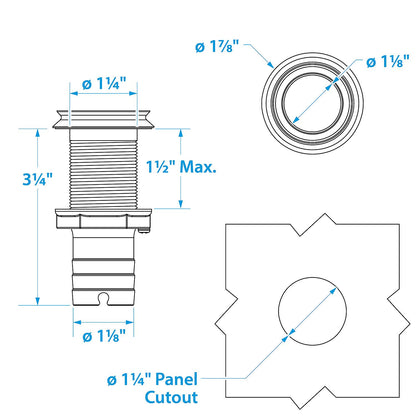 Seachoice Mega-Flow Dripless Thru Hull Fitting, 316 Stainless Steel, Fits 1-1/8 in. Hose, 1-1/2 in. Max. Hull -Modern Boat Sales & Service