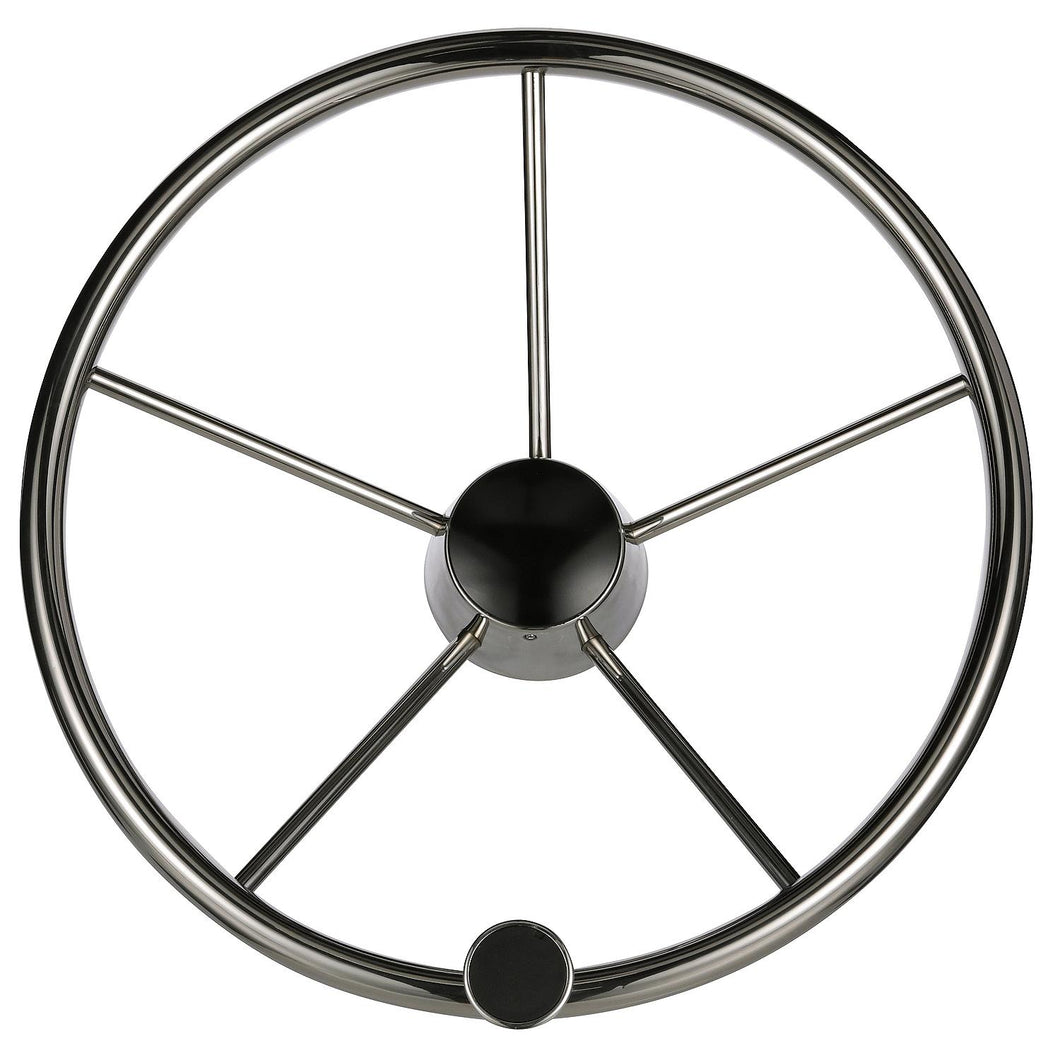 Seachoice 5-Spoke Destroyer Steering Wheel w/ Turning Knob, Stainless Steel, Black Center Cap Default Title -Modern Boat Sales & Service