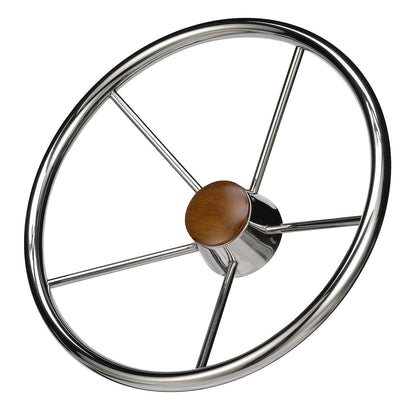 Seachoice 5-Spoke Destroyer Steering Wheel, Stainless Steel, Genuine Teak Center Cap -Modern Boat Sales & Service