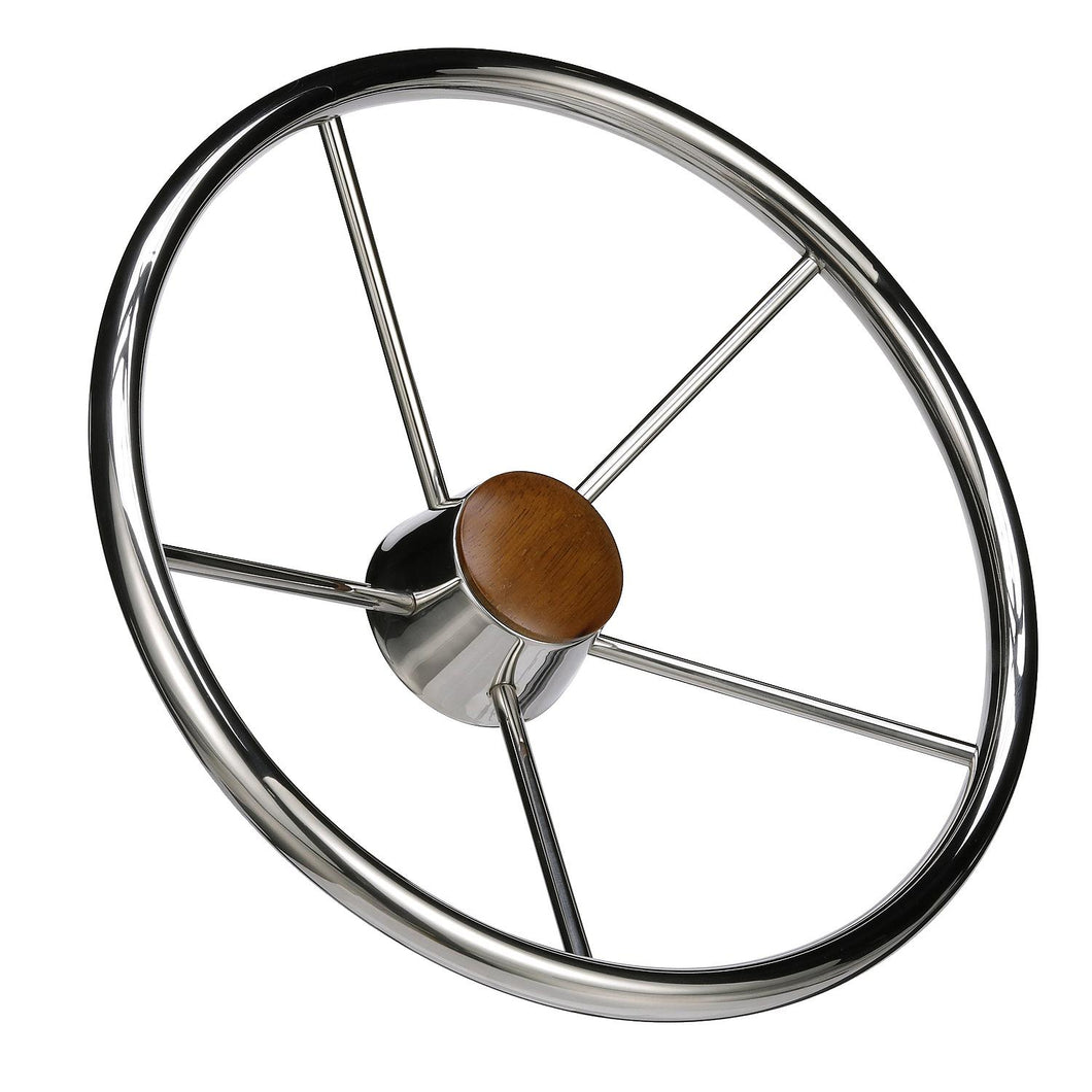 Seachoice 5-Spoke Destroyer Steering Wheel, Stainless Steel, Genuine Teak Center Cap Default Title -Modern Boat Sales & Service