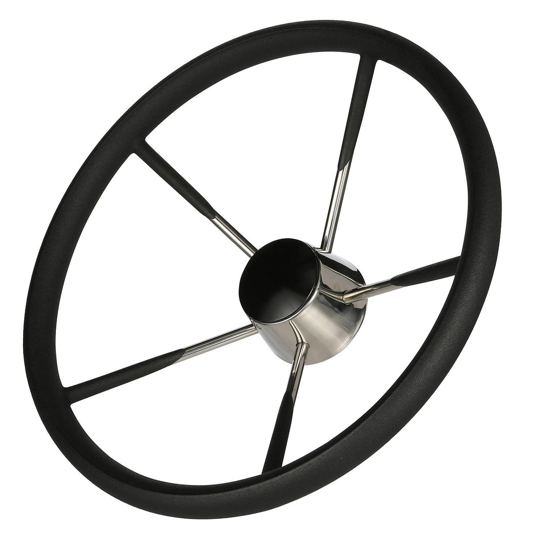 Seachoice 5-Spoke Destroyer Steering Wheel w/ Permanent Foam Grip, Stainless Steel, Black Center Cap Default Title -Modern Boat Sales & Service