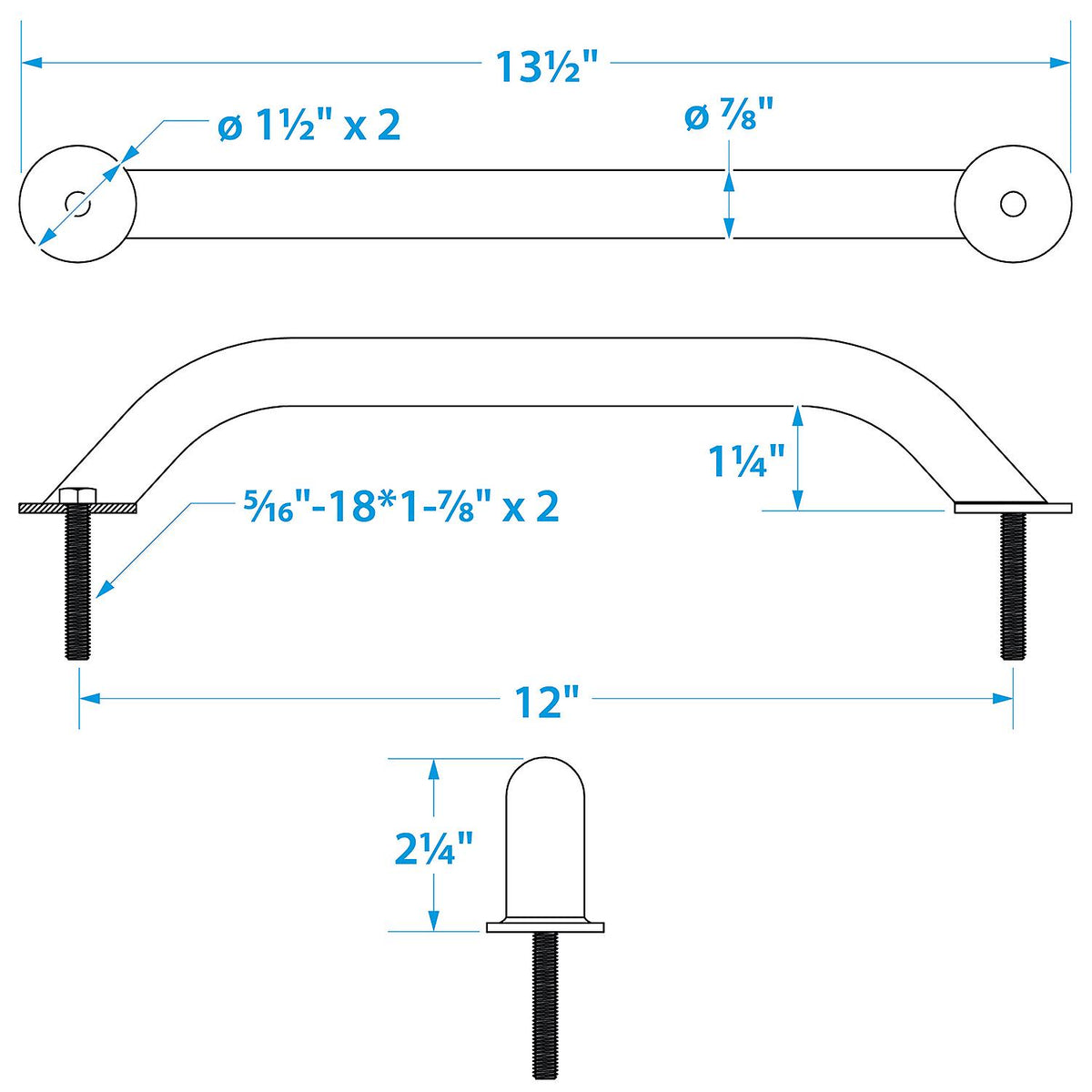 Seachoice Hand Rail w/ Studs, 12 In. Long, 304 Stainless Steel, 5/16-18 X 1-7/8 In. Studs -Modern Boat Sales & Service
