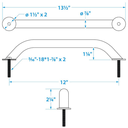 Seachoice Hand Rail w/ Studs, 12 In. Long, 304 Stainless Steel, 5/16-18 X 1-7/8 In. Studs -Modern Boat Sales & Service