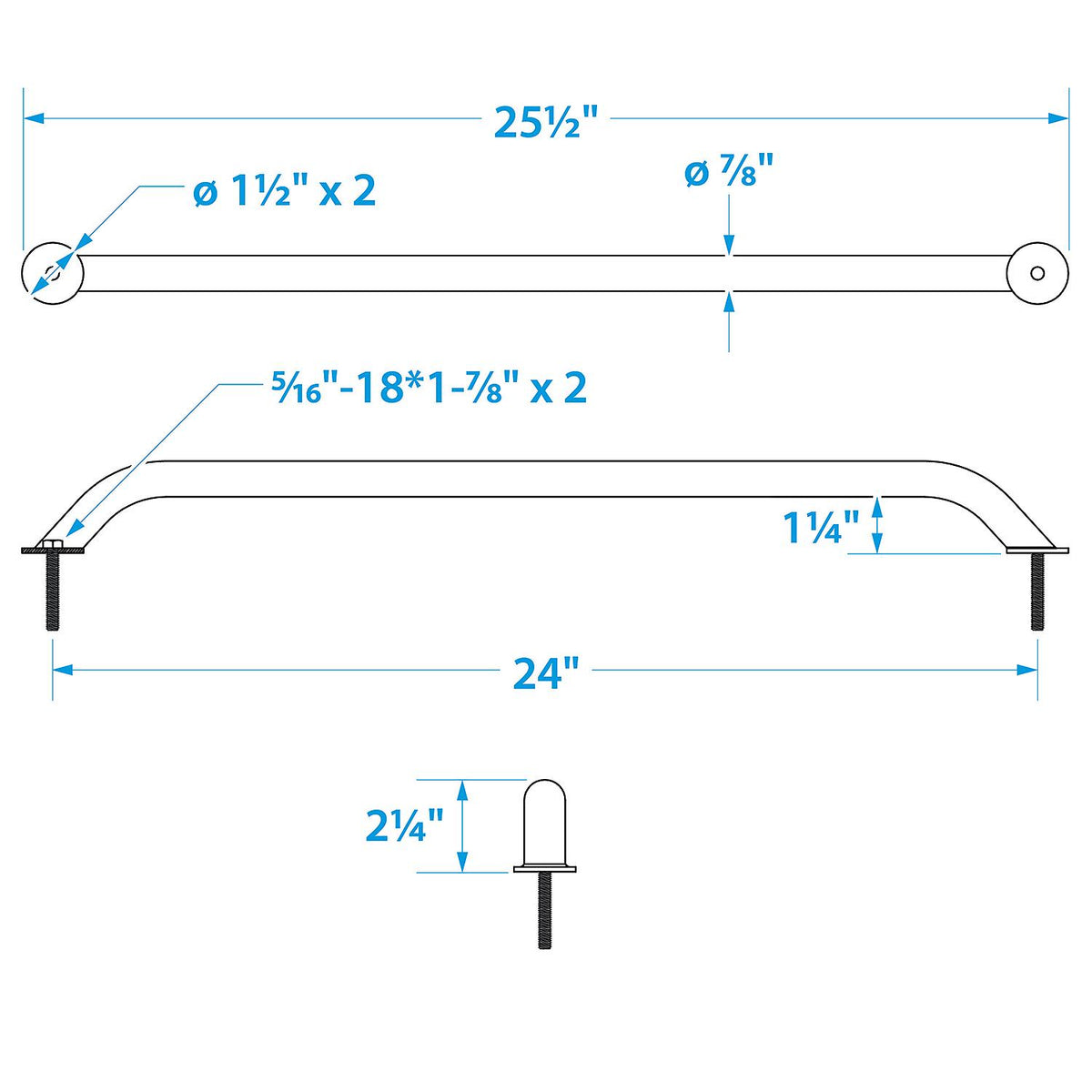 Seachoice Hand Rail w/ Studs, 24 In. Long, 304 Stainless Steel, 5/16-18 X 1-7/8 In. Studs Default Title -Modern Boat Sales & Service