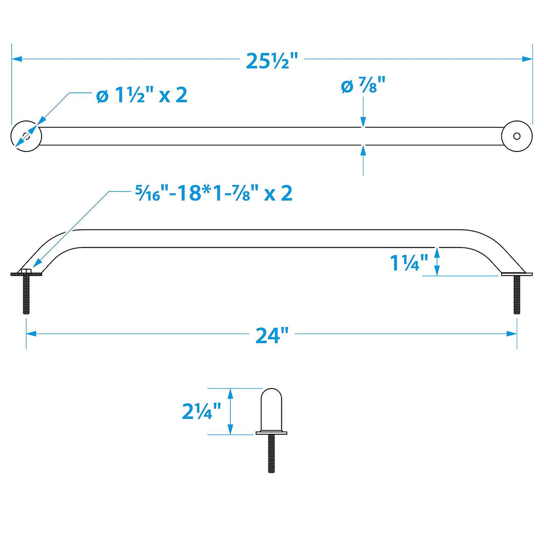 Seachoice Hand Rail w/ Studs, 24 In. Long, 304 Stainless Steel, 5/16-18 X 1-7/8 In. Studs Default Title -Modern Boat Sales & Service