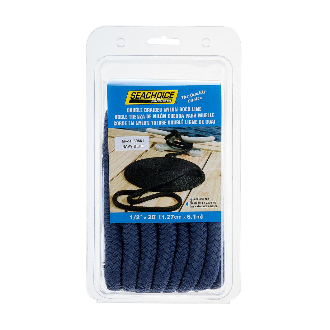 Seachoice Double-Braid Nylon Dock Line w/ Eye Splice, Pre-Shrunk, Heat Stabilized, 1/2 In. X 20 Ft., Navy Blue Default Title -Modern Boat Sales & Service