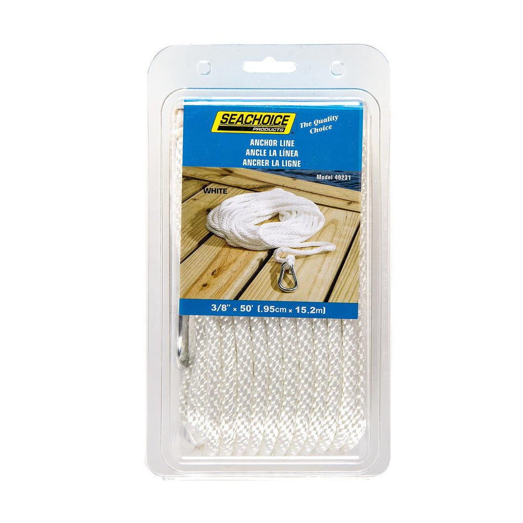 Seachoice Anchor Line Rope, Braided Nylon, White, Spring Hook, 3/16 In. X 100 Ft. Default Title -Modern Boat Sales & Service