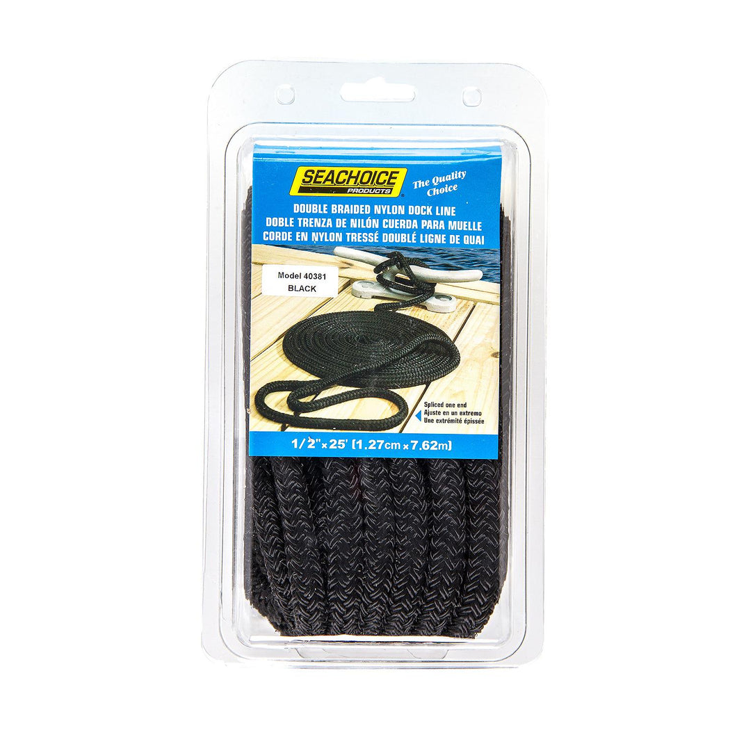 Seachoice Double-Braid Nylon Dock Line w/ Eye Splice, Pre-Shrunk, Heat Stabilized, 1/2 In. X 25 Ft., Black Default Title -Modern Boat Sales & Service