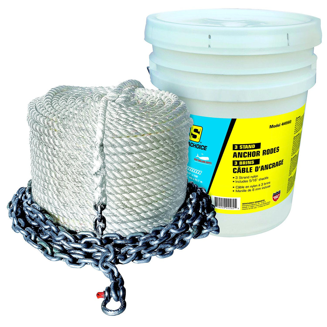 Seachoice 44562 3 Strand Nylon Anchor Rope, 1/2 In. x 50 Ft Rope with 1/4 In. x 10 Ft Chain -Modern Boat Sales & Service