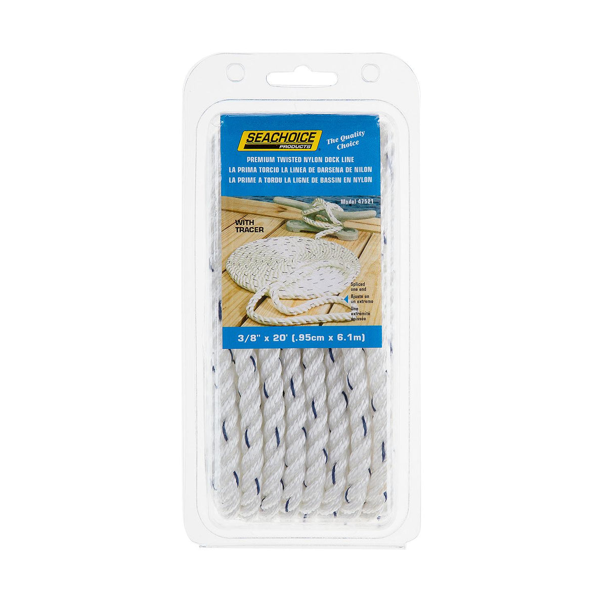 Seachoice Premium 3-Strand Twisted Nylon Dock Line With Tracer, White w/Blue Tracer, 3/8-Inch x 20 Feet, 10-Inch Eye Splice -Modern Boat Sales & Service