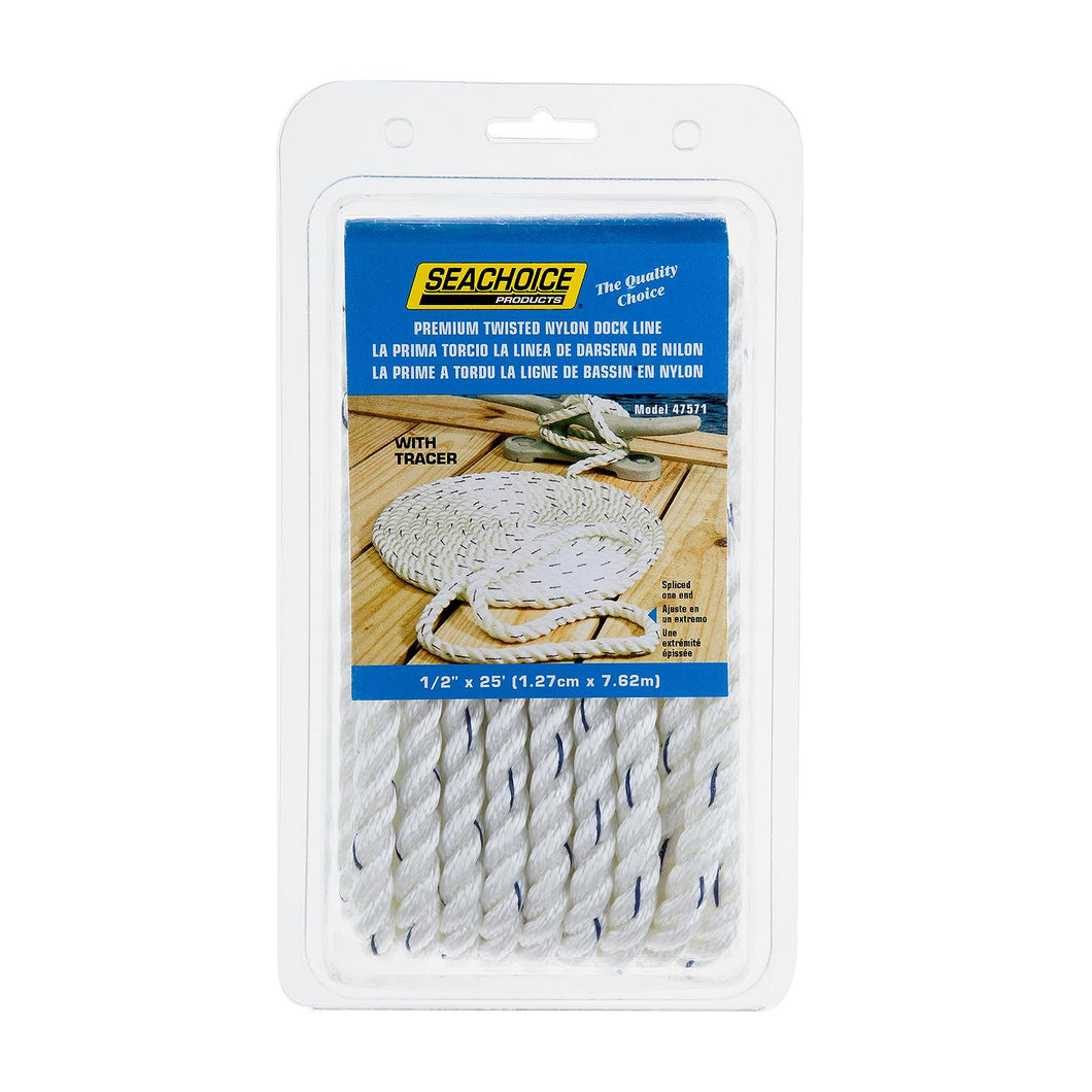 Seachoice Premium 3-Strand Twisted Nylon Dock Line With Tracer, White w/Blue Tracer, 1/2-Inch x 25 Feet, 10-Inch Eye Splice Default Title -Modern Boat Sales & Service