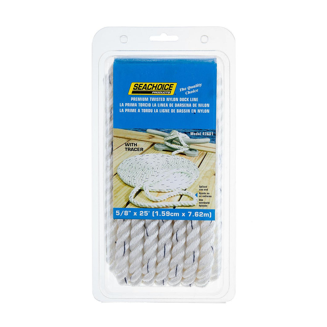 Seachoice Premium 3-Strand Twisted Nylon Dock Line With Tracer, White w/Blue Tracer, 5/8-Inch x 25 Feet, 10-Inch Eye Splice Default Title -Modern Boat Sales & Service