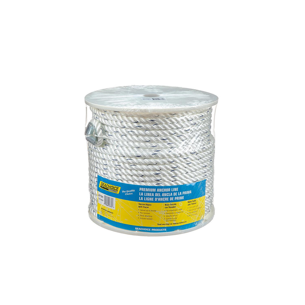 Seachoice 47781 Boat Anchor Line Rope, 3-Strand Twisted, Nylon, White/Blue, 1/2 in. X 250 Ft. Default Title -Modern Boat Sales & Service
