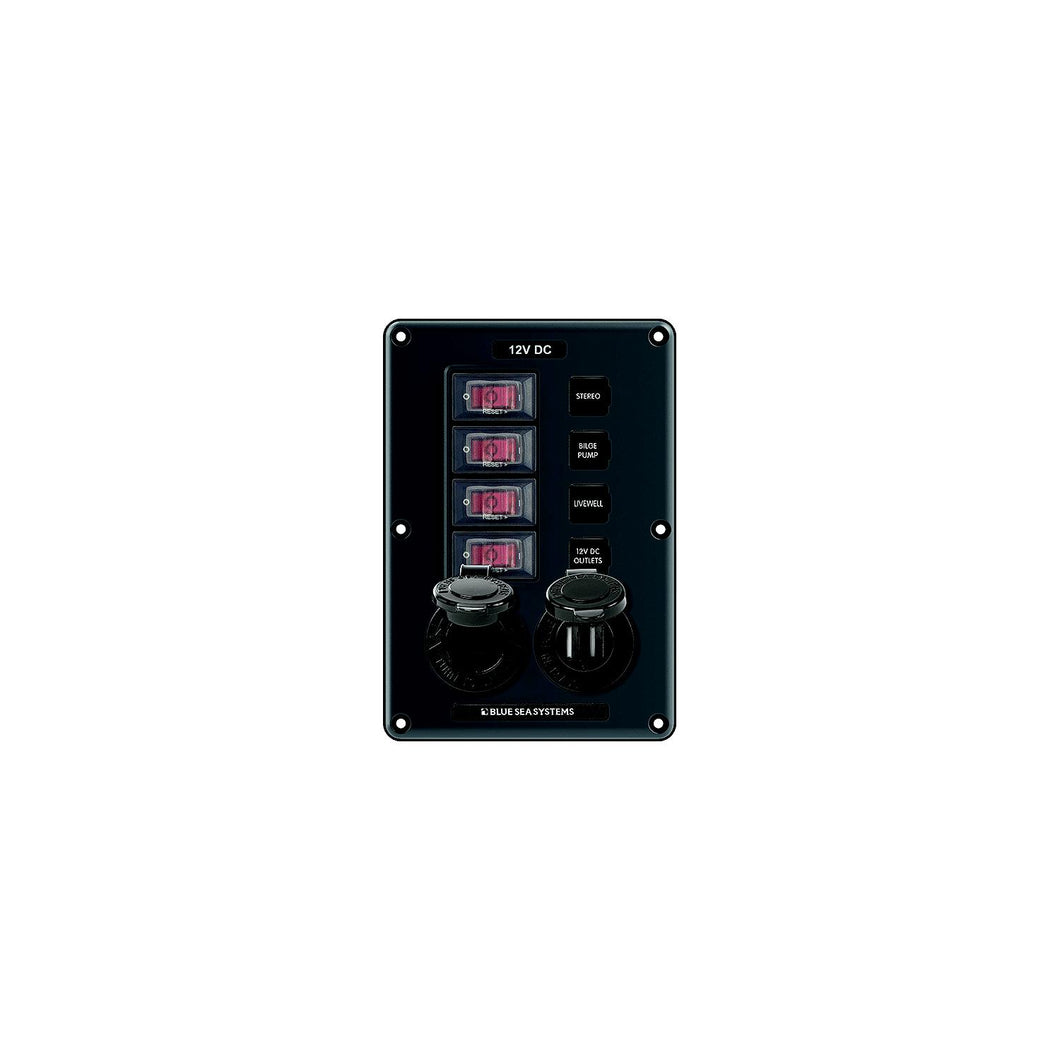 Blue Sea 4321 Water-Resistant Circuit Breaker Switch Panel, 4 Position w/12V Socket & Dual USB Charger -Modern Boat Sales & Service