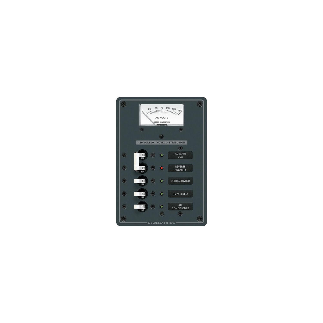 Blue Sea Systems 8043 Traditional Metal Circuit Breaker Panel - AC Main + 3 Positions, AC Voltmeter -Modern Boat Sales & Service