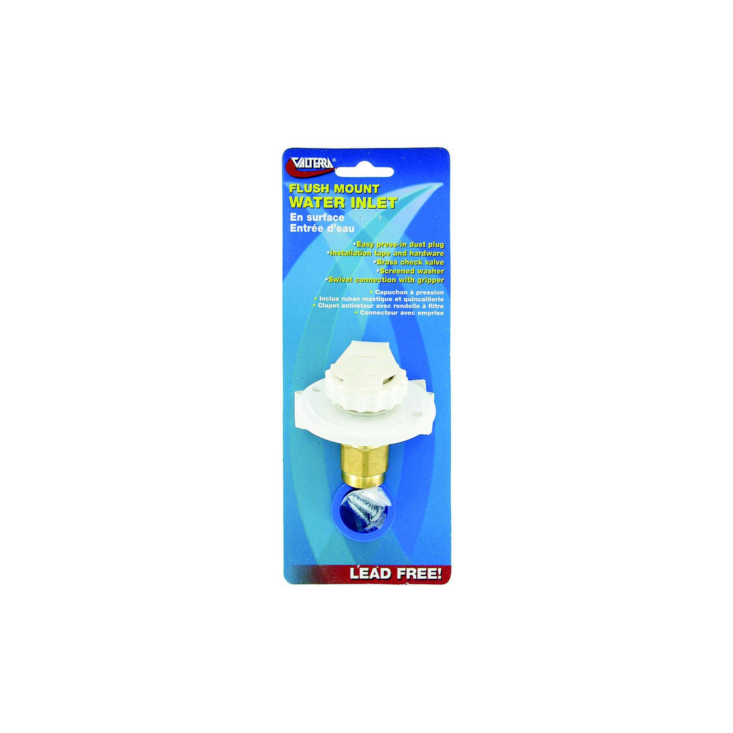 Valterra White Flush Mount FPT Brass Check Valve RV Water Inlet | Includes Screws, Putty Tape & Teflon Tape -Modern Boat Sales & Service