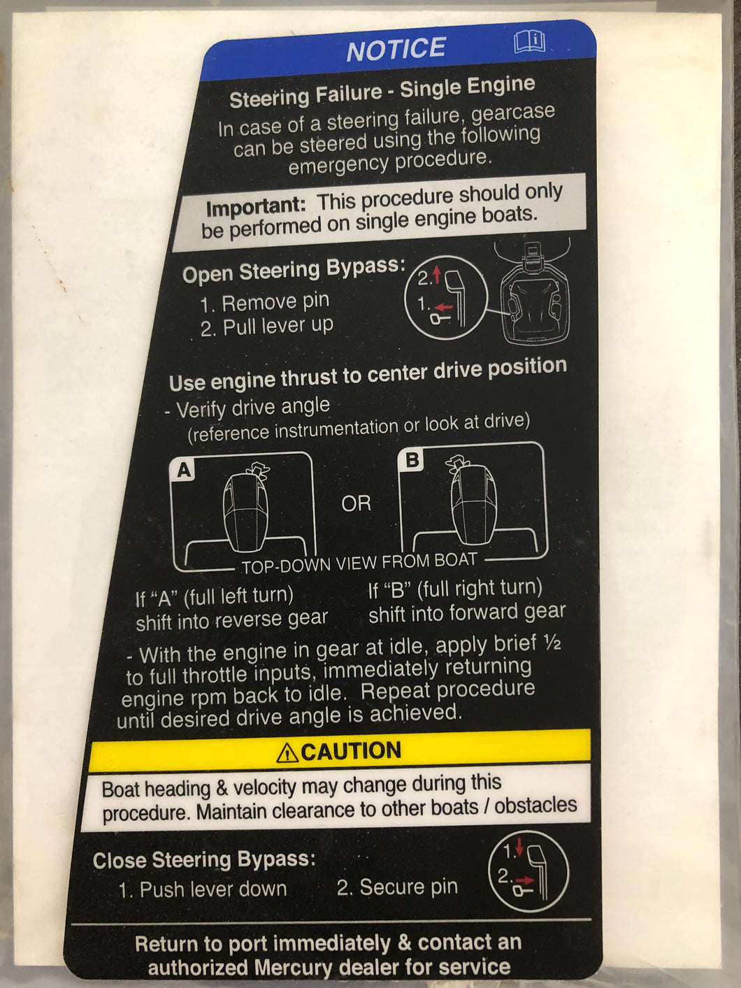 * 8M0185159 Mercury Marine DECAL STEER FAIL/Drawer #543 -Modern Boat Sales & Service
