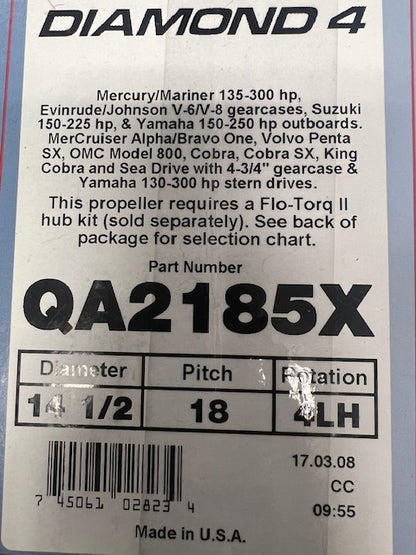 * QA2185X MERCURY MARINE QUICKSILVER DIAMOND 4 PROPELLER 14.5X18 LH/35A -Modern Boat Sales & Service