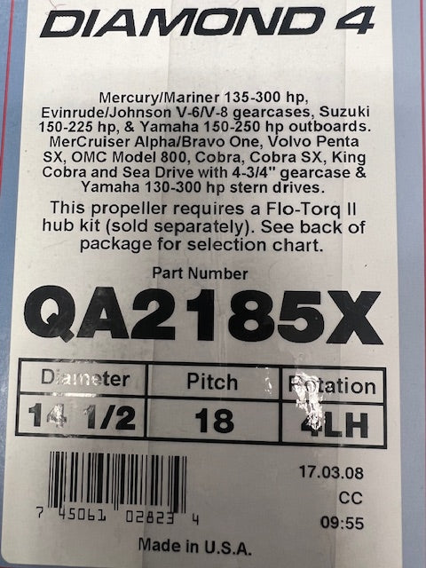 * QA2185X MERCURY MARINE QUICKSILVER DIAMOND 4 PROPELLER 14.5X18 LH/35A -Modern Boat Sales & Service