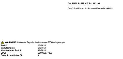 18-7820 SIERRA FUEL PUMP KIT / OMC 393103 /75D