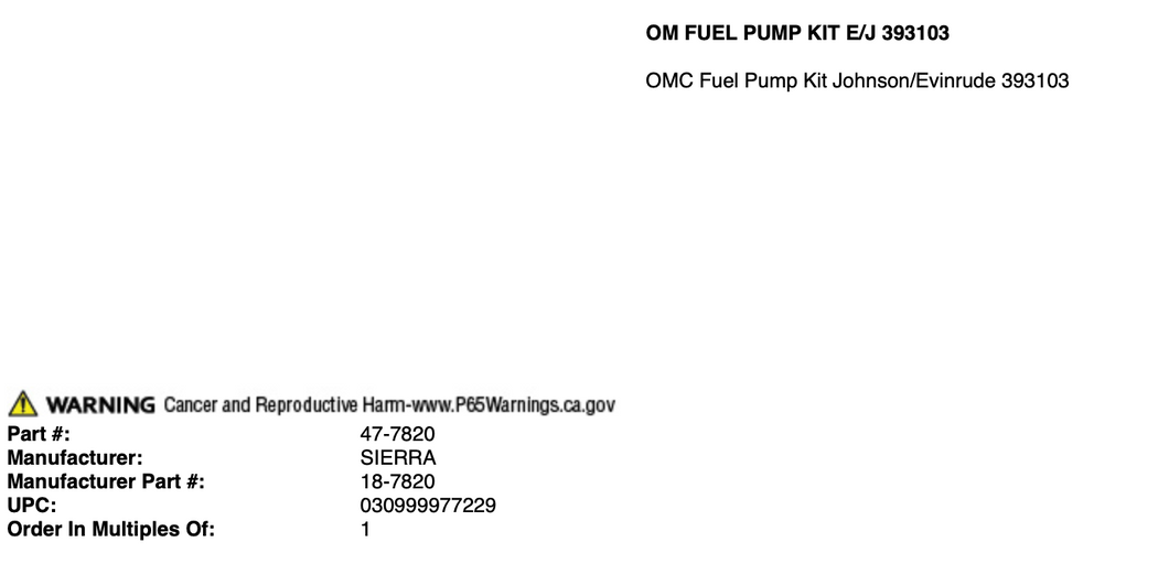 18-7820 SIERRA FUEL PUMP KIT / OMC 393103 /75D