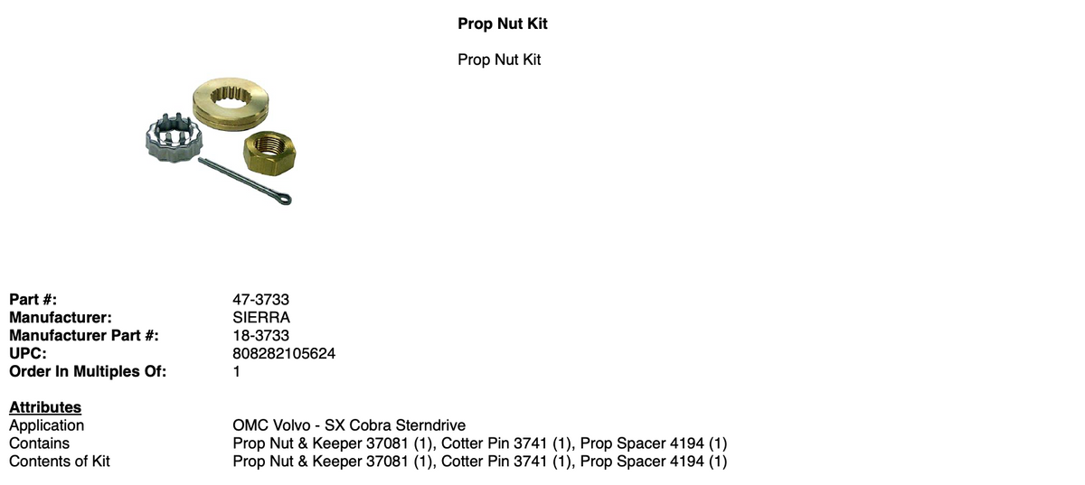 * 18-3733 SIERRA PROP NUT KIT/75D -Modern Boat Sales & Service